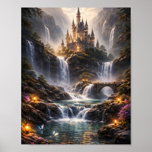 Fantasy-Wasserfall-Schlossplakat Poster (Vorne)