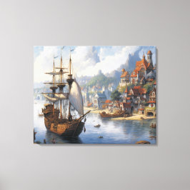 Fantasy Waterfront Village & Ship Leinwanddruck