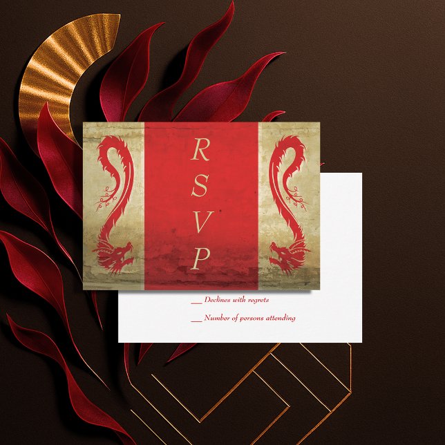 Fantasy Wedding Red and Gold Asian Dragon RSVP Karte (Fantasy Wedding Red and Gold Asian Dragon RSVP Card)