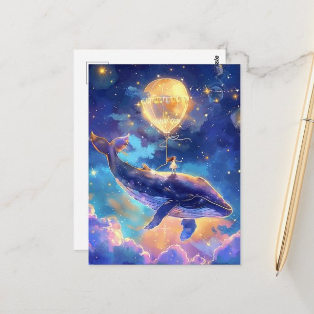 Fantasy Whale Ride im Himmel Postkarte (Vorderseite/Rückseite Beispiel)