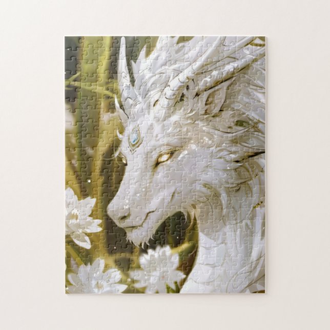 Fantasy White and Gold Dragon mit Blume (Vertikal)