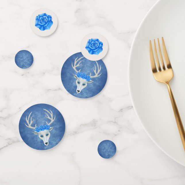 Fantasy White Deer Head Antlers Hübsch Blue Rose Konfetti (Gruppe)