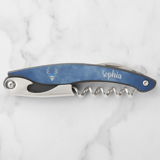 Fantasy White Deer Head Antlers Rose auf blau Kellnermesser (Vorderseite)