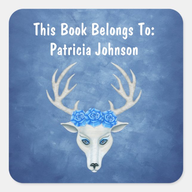 Fantasy White Deer Head Big Rose Mistral Blues Quadratischer Aufkleber (Vorderseite)