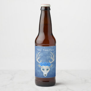 Fantasy White Deer Head Mysterious Face Blue Rose Bierflaschenetikett