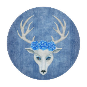 Fantasy White Deer Head Tragend Rose Antlers Blue Schneidebrett
