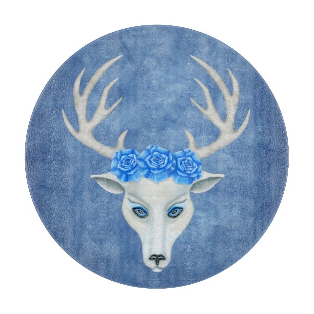 Fantasy White Deer Head Tragend Rose Antlers Blue Schneidebrett (Vorderseite)