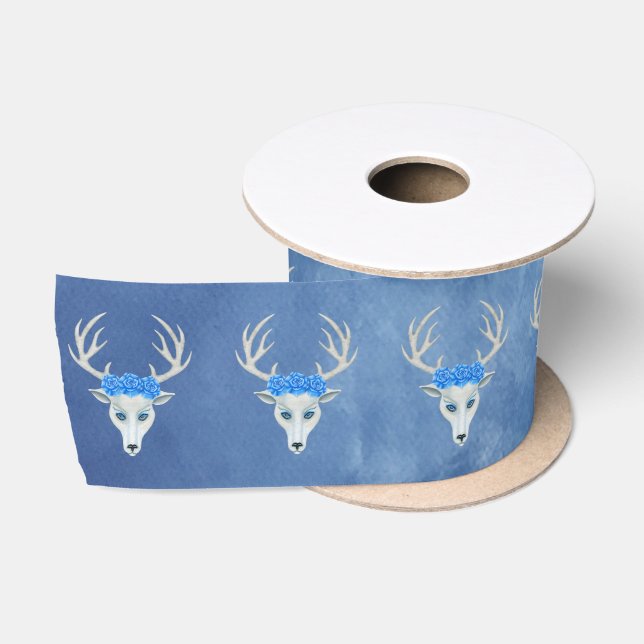 Fantasy White Deer Heads Antlers Rose Misty Blue Satinband (Spule)