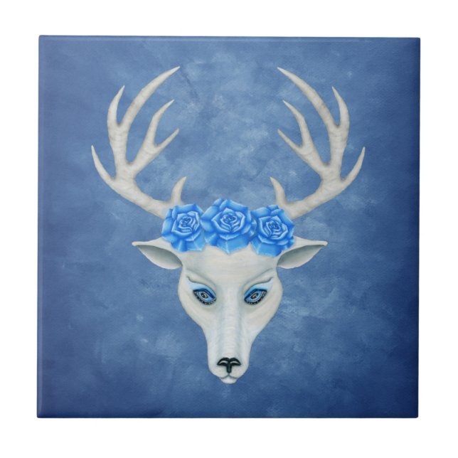 Fantasy White Head of a Deer Antlers Rose Blue Fliese (Vorderseite)