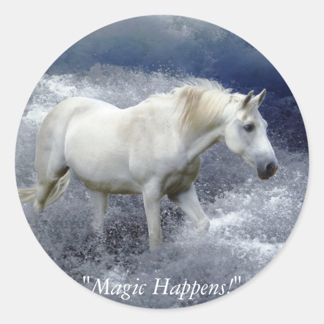 Fantasy White Horst & Ocean Surf Geschenke Runder Aufkleber (Vorderseite)