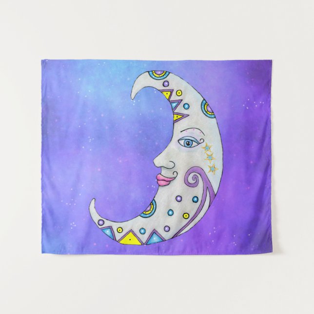 Fantasy White Moon Face Brillant farbene Akzente Wandteppich (Vorderseite (Horizontal))