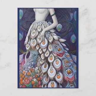 Fantasy White Peacock Wedding Dress Illustration Postkarte