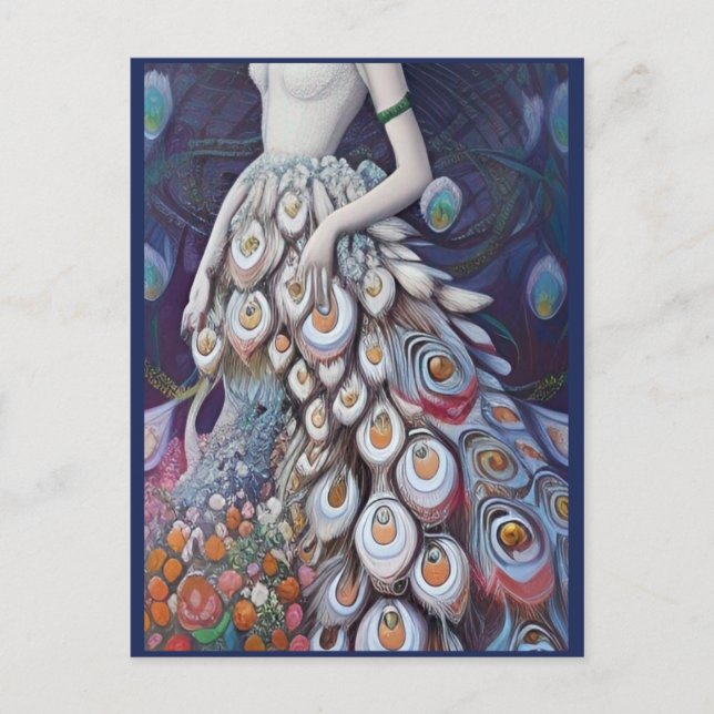Fantasy White Peacock Wedding Dress Illustration Postkarte (Vorderseite)