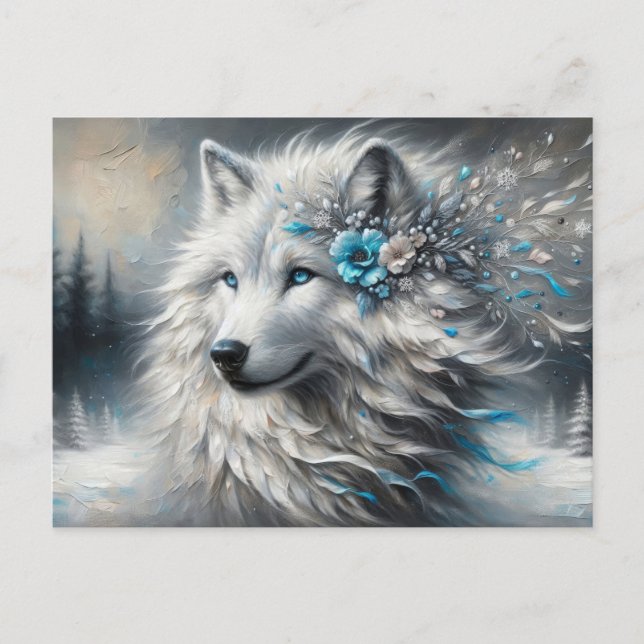 Fantasy White Wolf Winter Wonderland Postkarte (Vorderseite)