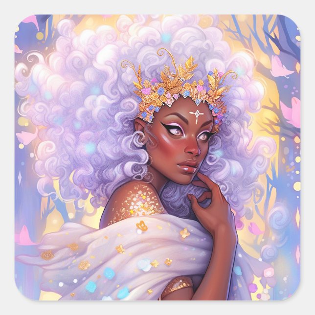 Fantasy Woman African American Art Quadratischer Aufkleber (Vorderseite)