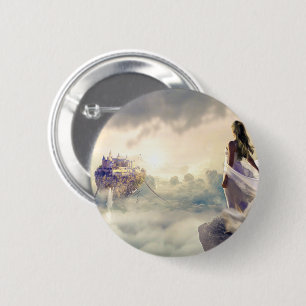 Fantasy Woman and Island Castle in the Clouds Button