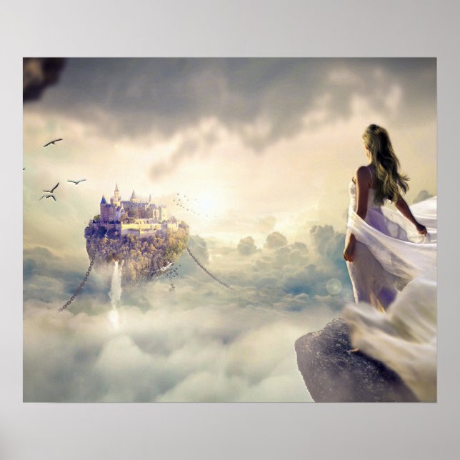 Fantasy Woman and Island Castle in the Clouds Poster (Vorne)