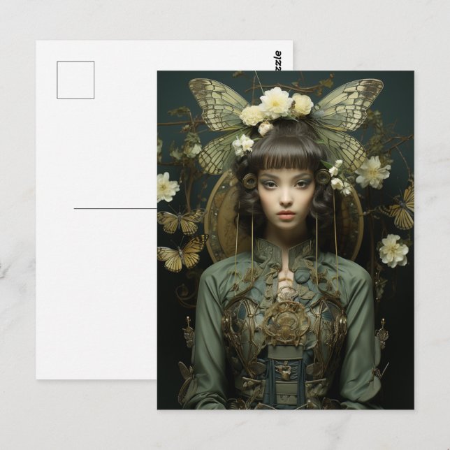 Fantasy Woman und Schmetterlinge und Blume Postkarte (Vorne/Hinten)