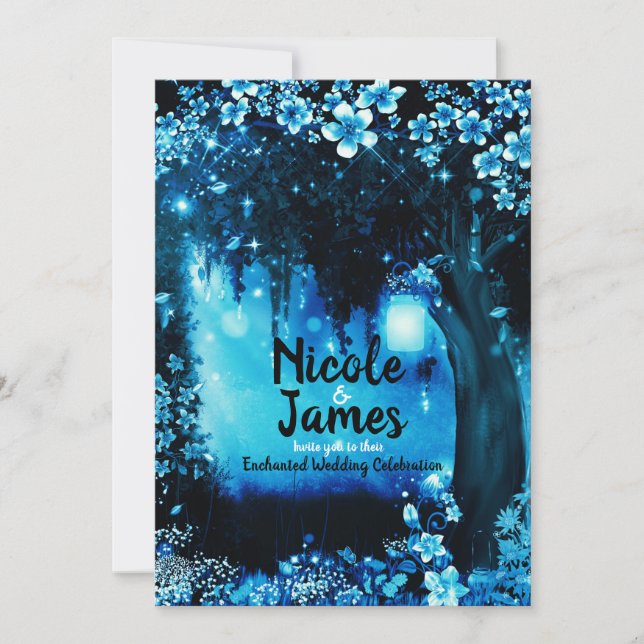 Fantasy Woodland verzauberte Blauer Wald Hochzeit Einladung (Vorderseite)