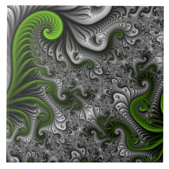 Fantasy World Green and Graue Abstrakte Fraktal Ar Fliese (Vorderseite)