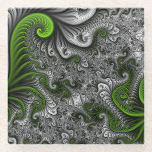 Fantasy World Green and Graue Abstrakte Fraktal Ar Glasuntersetzer