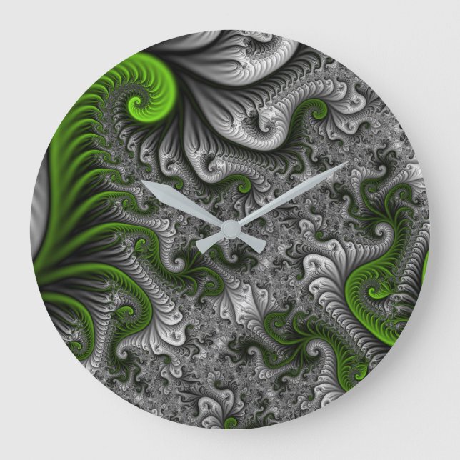 Fantasy World Green and Graue Abstrakte Fraktal Ar Große Wanduhr (Vorderseite)