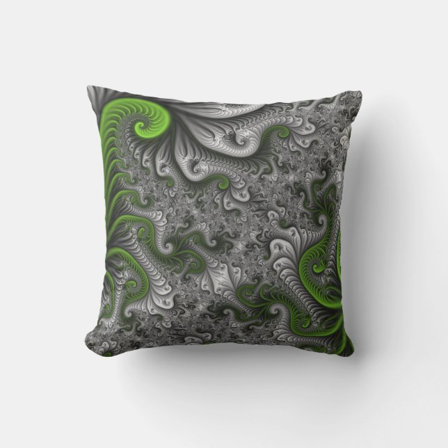 Fantasy World Green and Graue Abstrakte Fraktal Ar Kissen (Vorderseite)