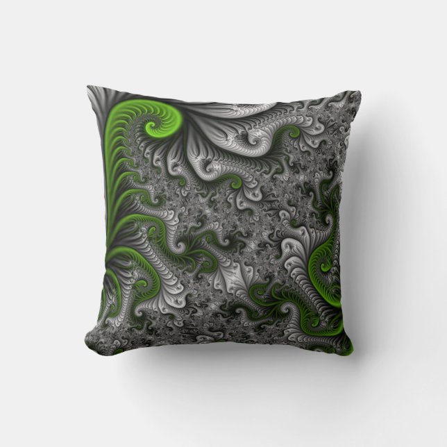 Fantasy World Green and Graue Abstrakte Fraktal Ar Kissen (Vorderseite)