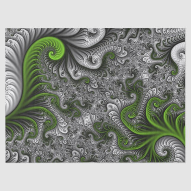 Fantasy World Green and Graue Abstrakte Fraktal Ar Seidenpapier (Vorderseite)