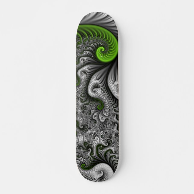 Fantasy World Green and Graue Abstrakte Fraktal Ar Skateboard (Vorne)