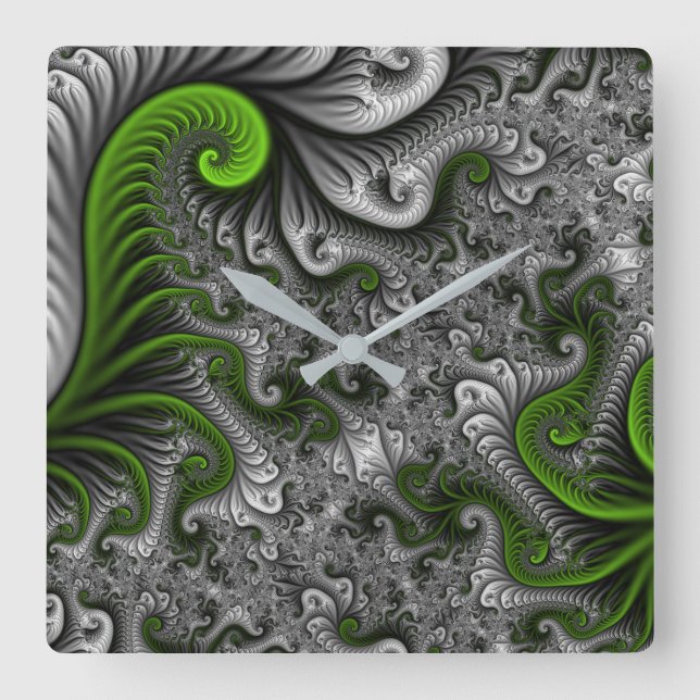 Fantasy World Green And Gray Abstract Fractal Art Quadratische Wanduhr (Vorderseite)