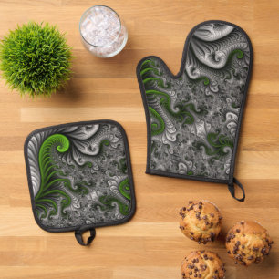 Fantasywelt grün und grau abstrakte Fraktalkunst Ofenhandschuh & Topflappen-Set