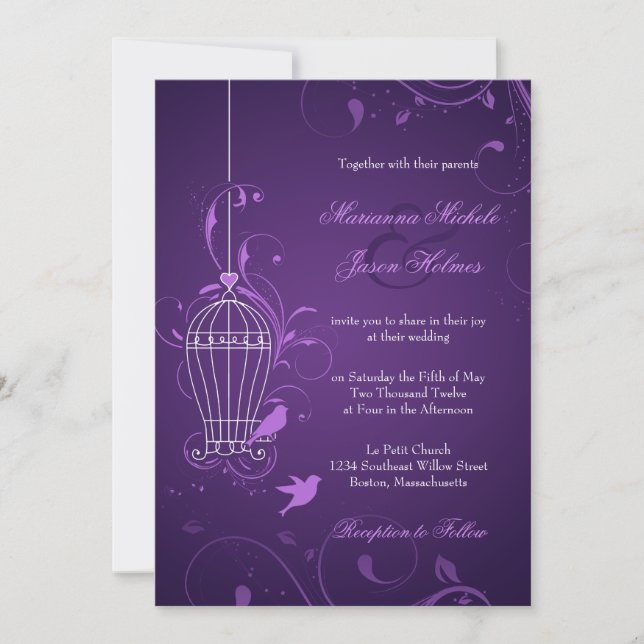 Fantful Bird Cage mit Wirbel Eggplant Hochzeit Einladung (Vorderseite)