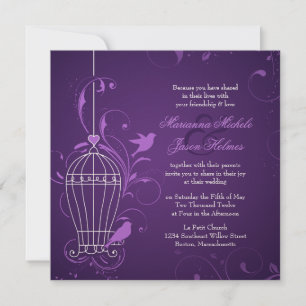 Fantful Bird Cage mit Wirbel Eggplant Hochzeit Einladung
