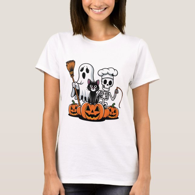 Fantôme, Chat Noir, T-shirt Halloween Trio Squelet (Devant)