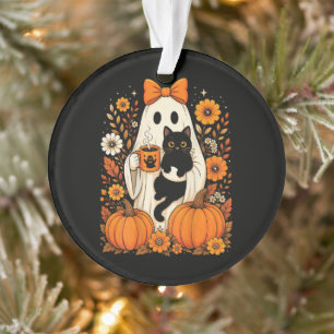 Fantôme groovy d'Halloween tenant un chat noir flo