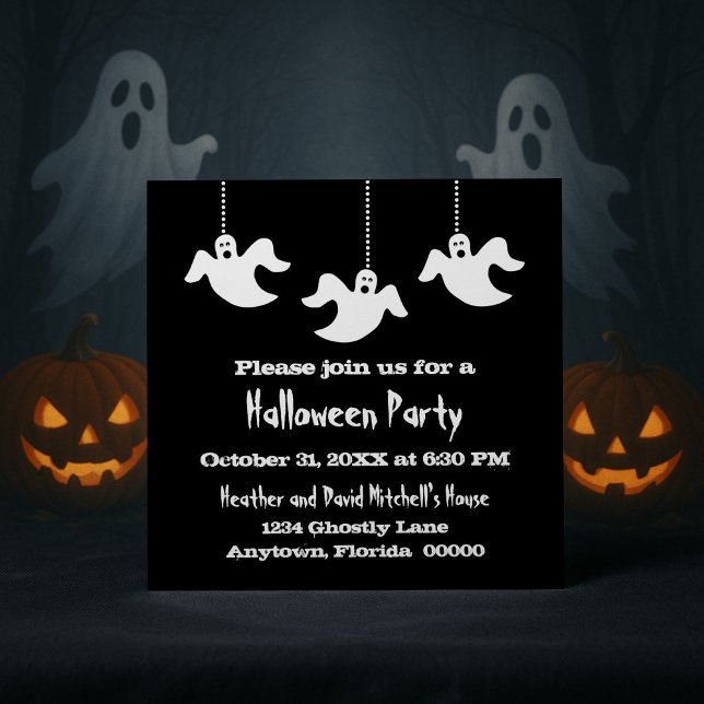 Fantômes pendants Invitation Halloween, Noir (Black Hanging Ghosts Halloween Party Invitation)
