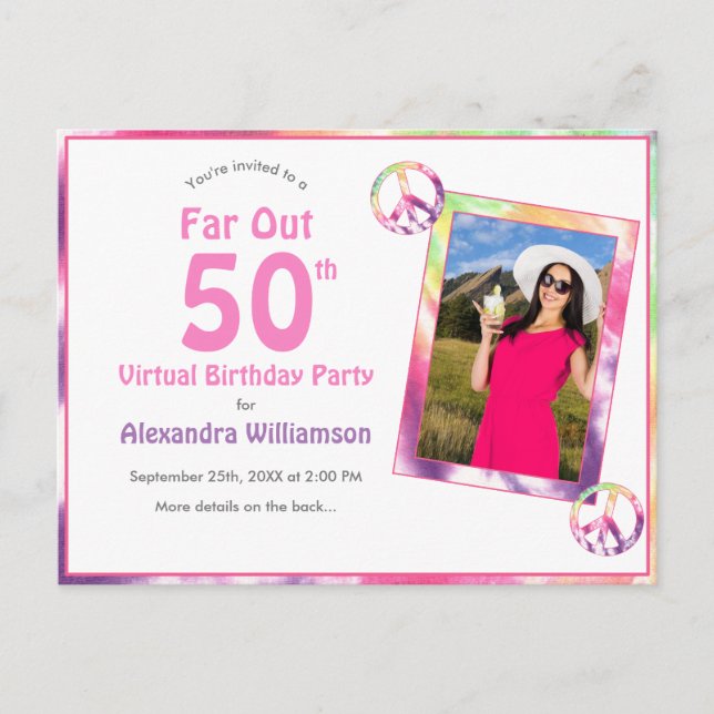 Far Out 50. Gefärbte Krawatte Virtual Birthday Par Einladungspostkarte (Vorderseite)