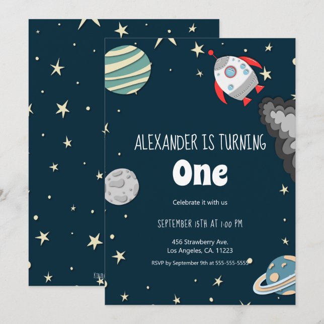 Far out Rocket and Planets Boy zum ersten Geburtst Einladung (Vorne/Hinten)