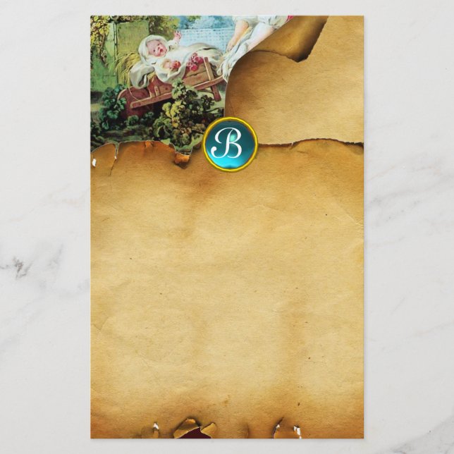 FARBBIGE BABY SHOWER Parchment Blue Gem Monogram Briefpapier (Vorderseite)