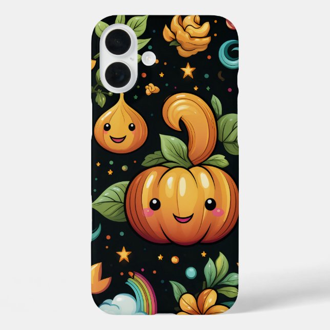 FARBBIGE UND GLÜCKLICHE HALLOWEEN PUMPKINS & BLUME iPhone 16 PLUS HÜLLE (Rückseite)