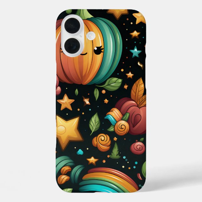 FARBBIGE UND GLÜCKLICHE HALLOWEEN PUMPKINS & BLUME iPhone 16 PLUS HÜLLE (Rückseite)