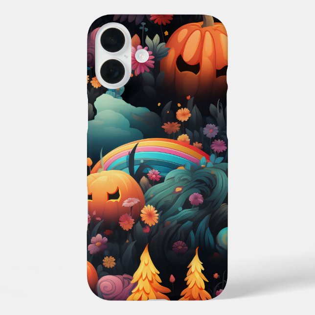 FARBBIGE UND GLÜCKLICHE HALLOWEEN PUMPKINS & BLUME iPhone 16 PLUS HÜLLE (Rückseite)