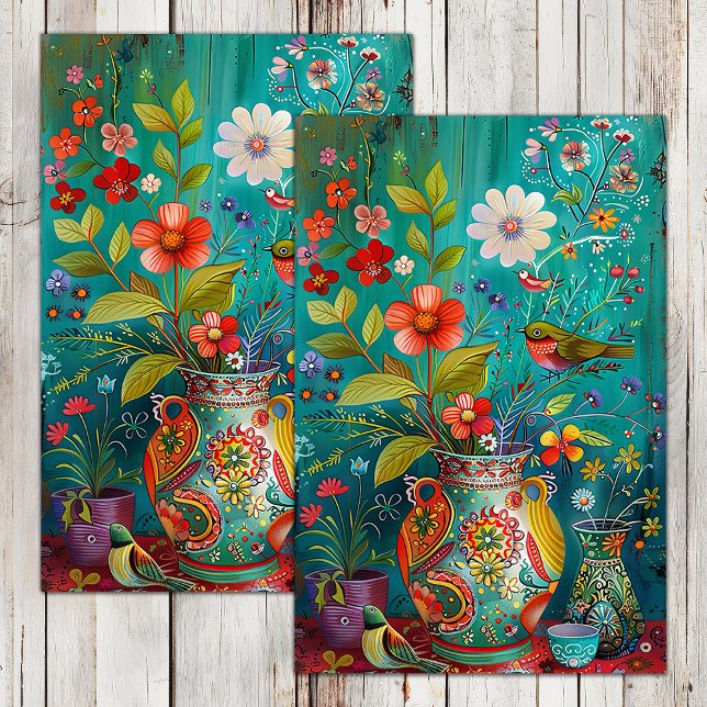 FARBBIRDS MIT BLUME IN VASE DECOUPAGE SEIDENPAPIER (COLORFUL BIRDS WITH FLOWERS IN VASE DECOUPAGE TISSUE PAPER)