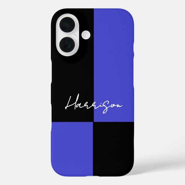 Farbblock Blau und Schwarz Personalisiert iPhone 16 Hülle (Rückseite)