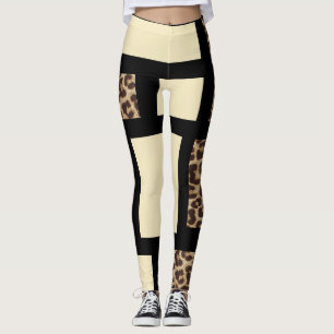 Farbblock Cream Elfenbein Schwarz & Leopard Gepard Leggings