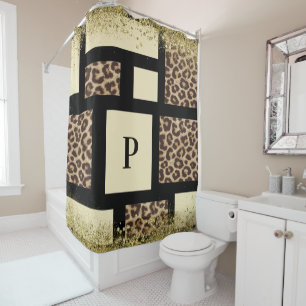 Farbblock Cream Ivory Black & Leopard Cheetah Duschvorhang