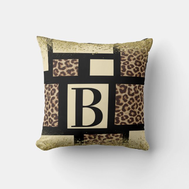 Farbblock Cream Ivory Black & Leopard Cheetah Kissen (Vorderseite)