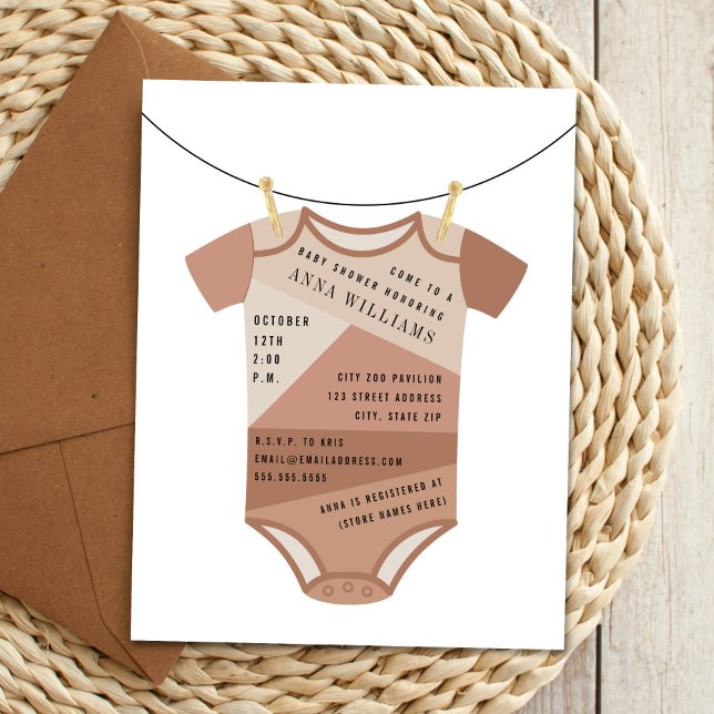 Farbblock Karosserieanzug Wäscheleine Babydusche Einladung (Von Creator hochgeladen)