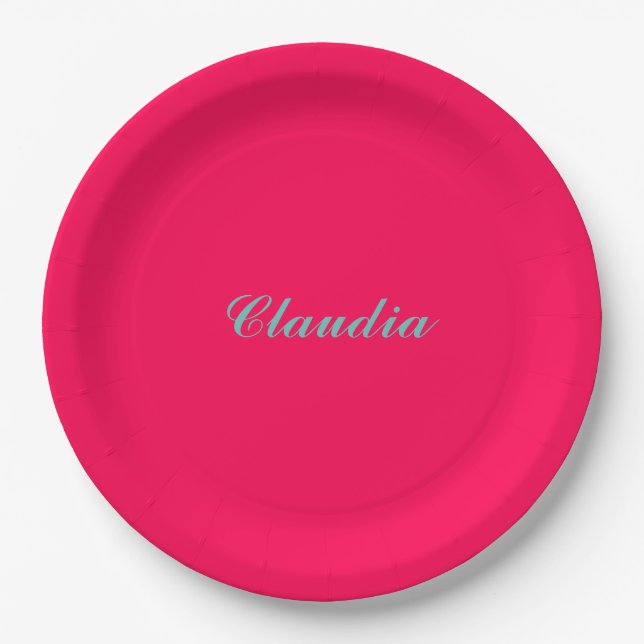 Farbblock-Monogramm auf heißem Fuchsia-Pink Pappteller (Vorderseite)